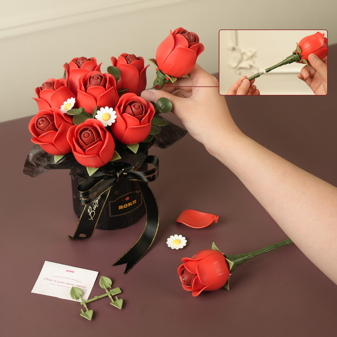 ROKR Floral Art | Red Rose Bouquet | Elegant DIY Wooden Puzzle for Display & Gifting