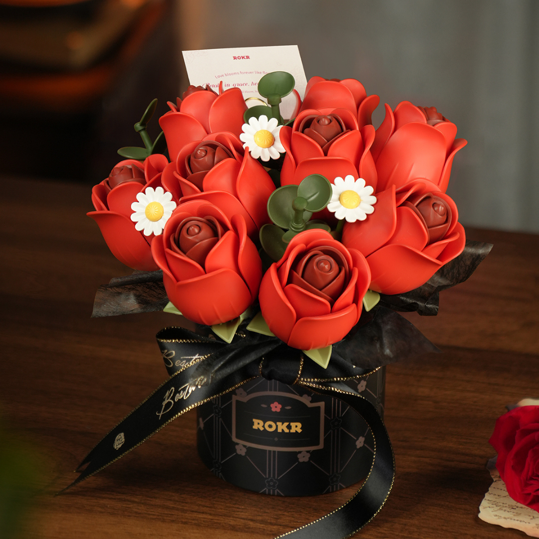 ROKR Floral Art | Red Rose Bouquet | Elegant DIY Wooden Puzzle for Display & Gifting