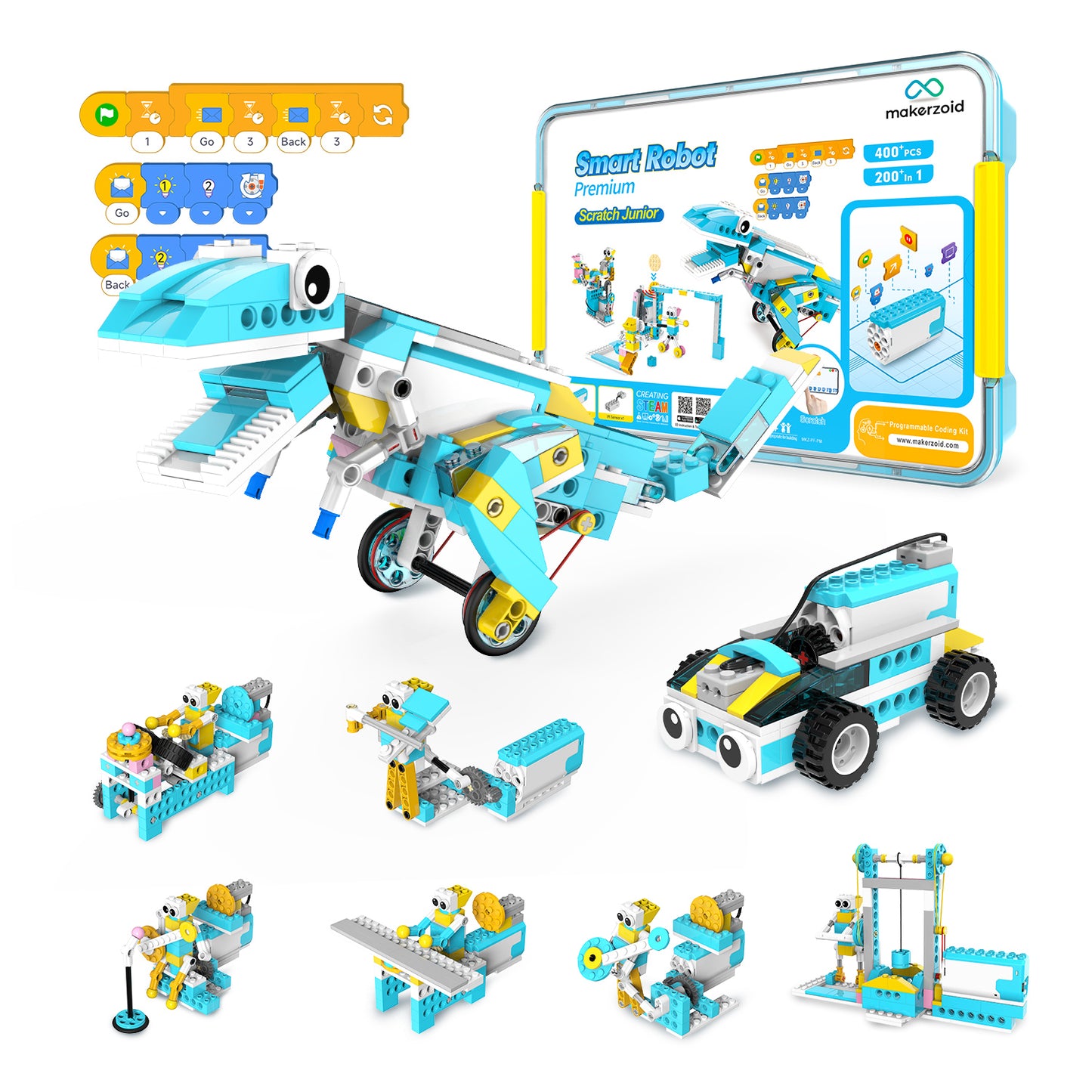 Makerzoid Smart Robot Premium | 400 Pieces, 200+ Models | Robotics & Coding Kit for Kids Ages 6+