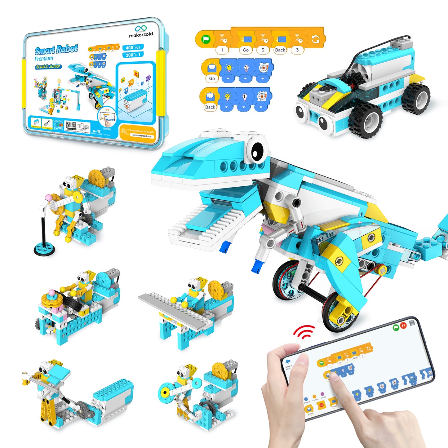Makerzoid Smart Robot Premium | 400 Pieces, 200+ Models | Robotics & Coding Kit for Kids Ages 6+