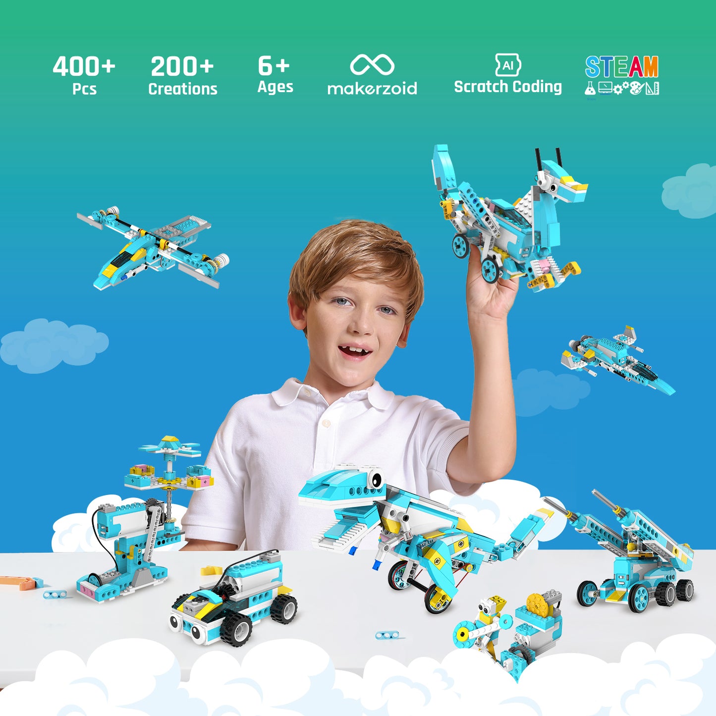 Makerzoid Smart Robot Premium | 400 Pieces, 200+ Models | Robotics & Coding Kit for Kids Ages 6+