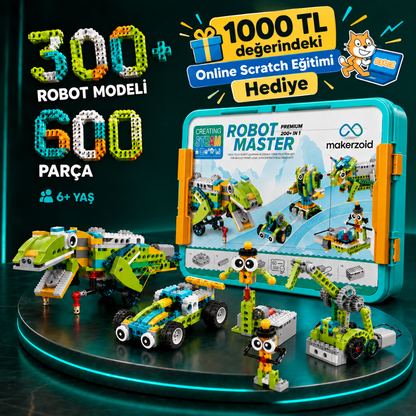 Makerzoid Robot Master Premium 600 parçalı, 300'den fazla robot modeli yapılabilen robotik kodlama seti