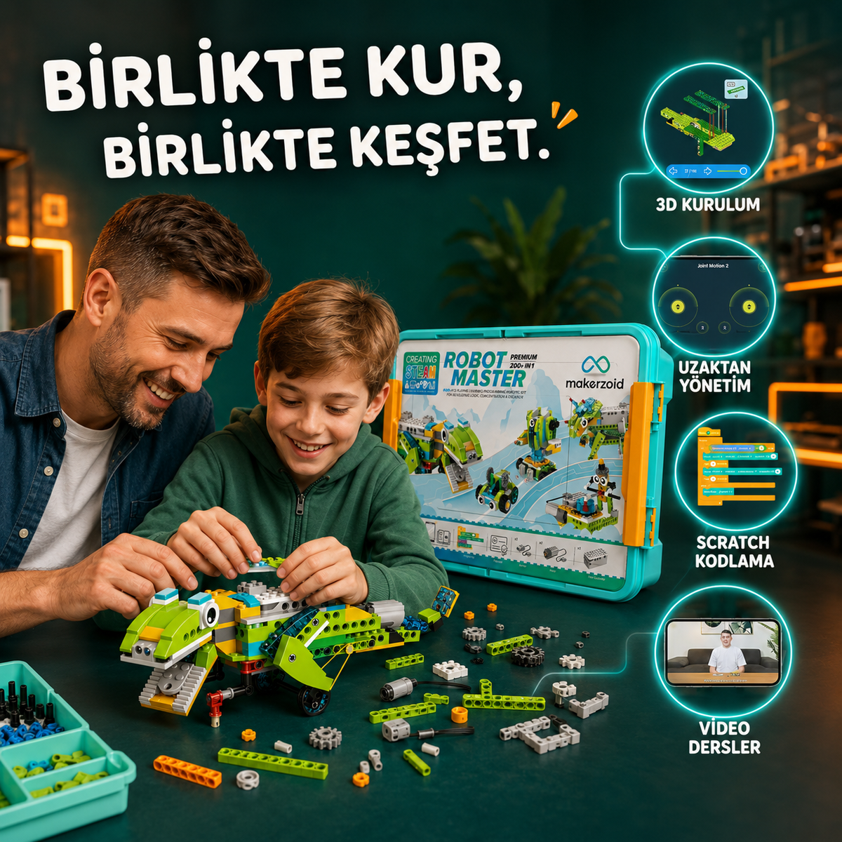 Çocuğunuz ile Makerzoid Robot Master Premium STEM robotik kodlama setiyle birlikte robot yapması
