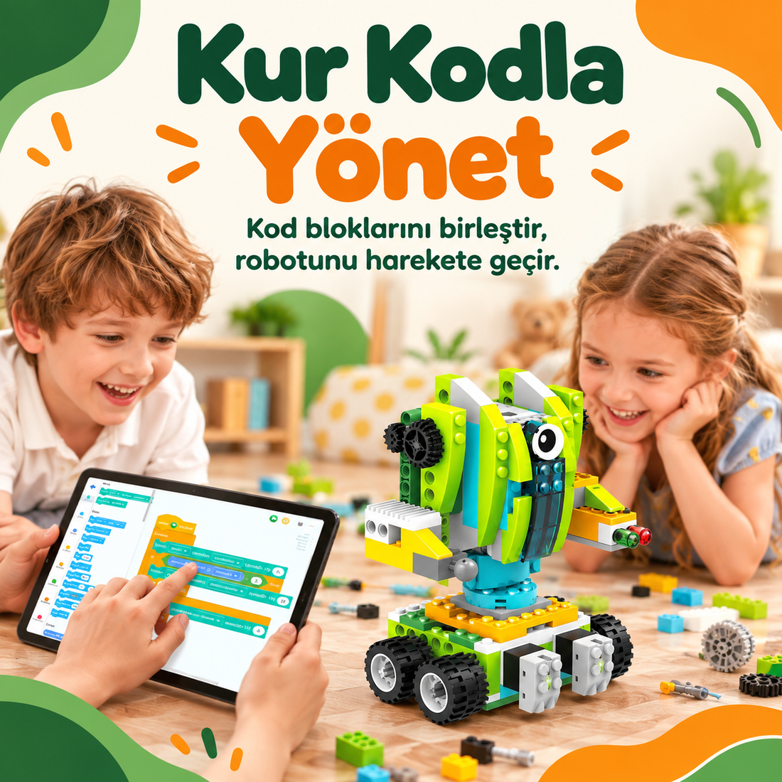 Çocukların Makerzoid robotik kodlama setiyle robot kurup kodlayarak hareket ettirmesi