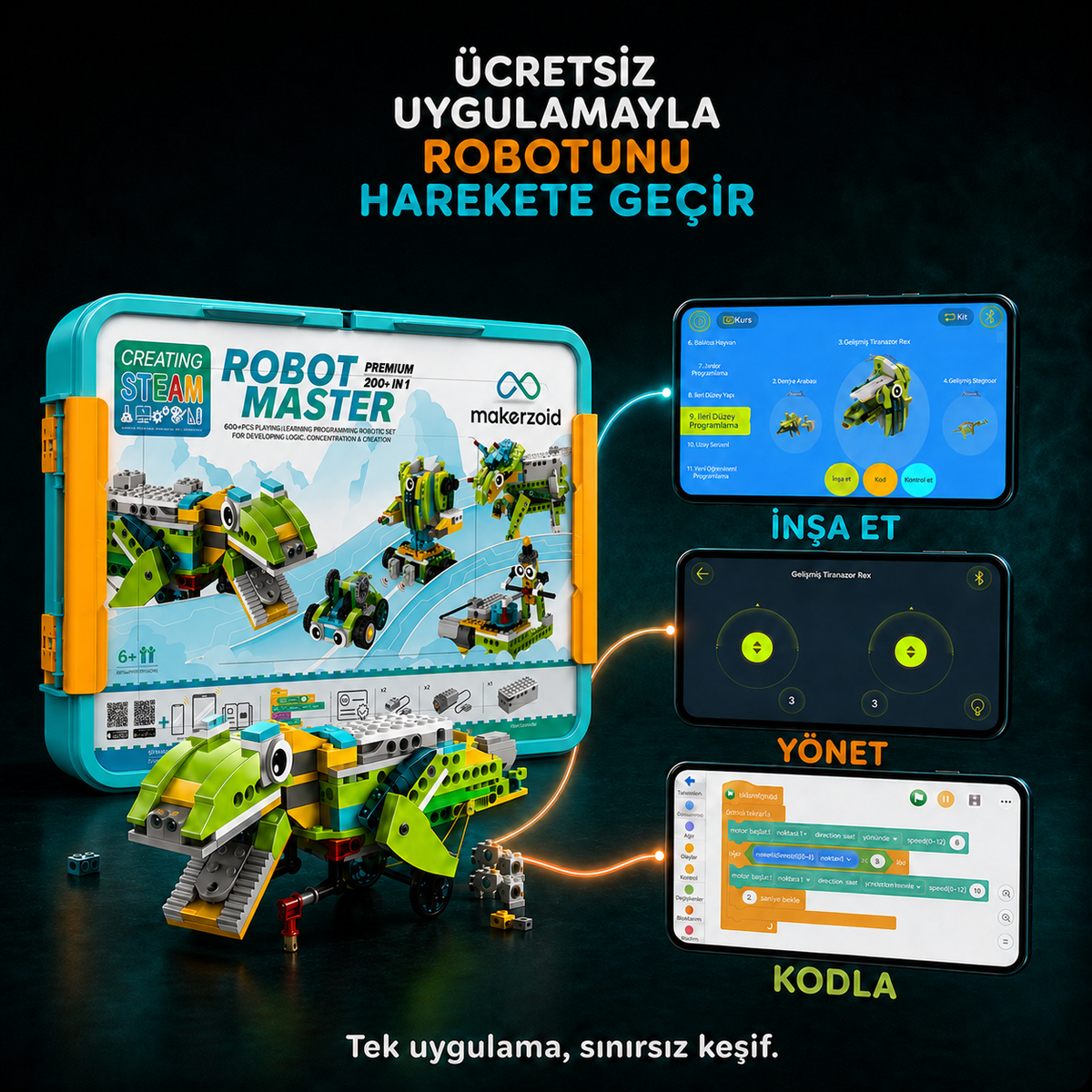 Makerzoid Robot Master Premium mobil uygulama ile 3D robot kurulumu, uzaktan kontrol ve Scratch kodlama