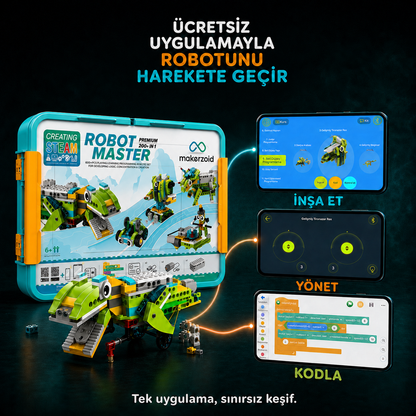 Makerzoid Robot Master Premium mobil uygulama ile 3D robot kurulumu, uzaktan kontrol ve Scratch kodlama