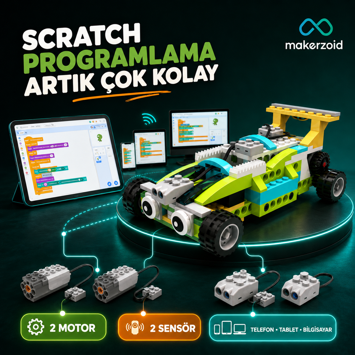 Makerzoid Robot Master Premium Scratch programlama, 2 motor ve 2 sensör özellikli robotik kodlama seti