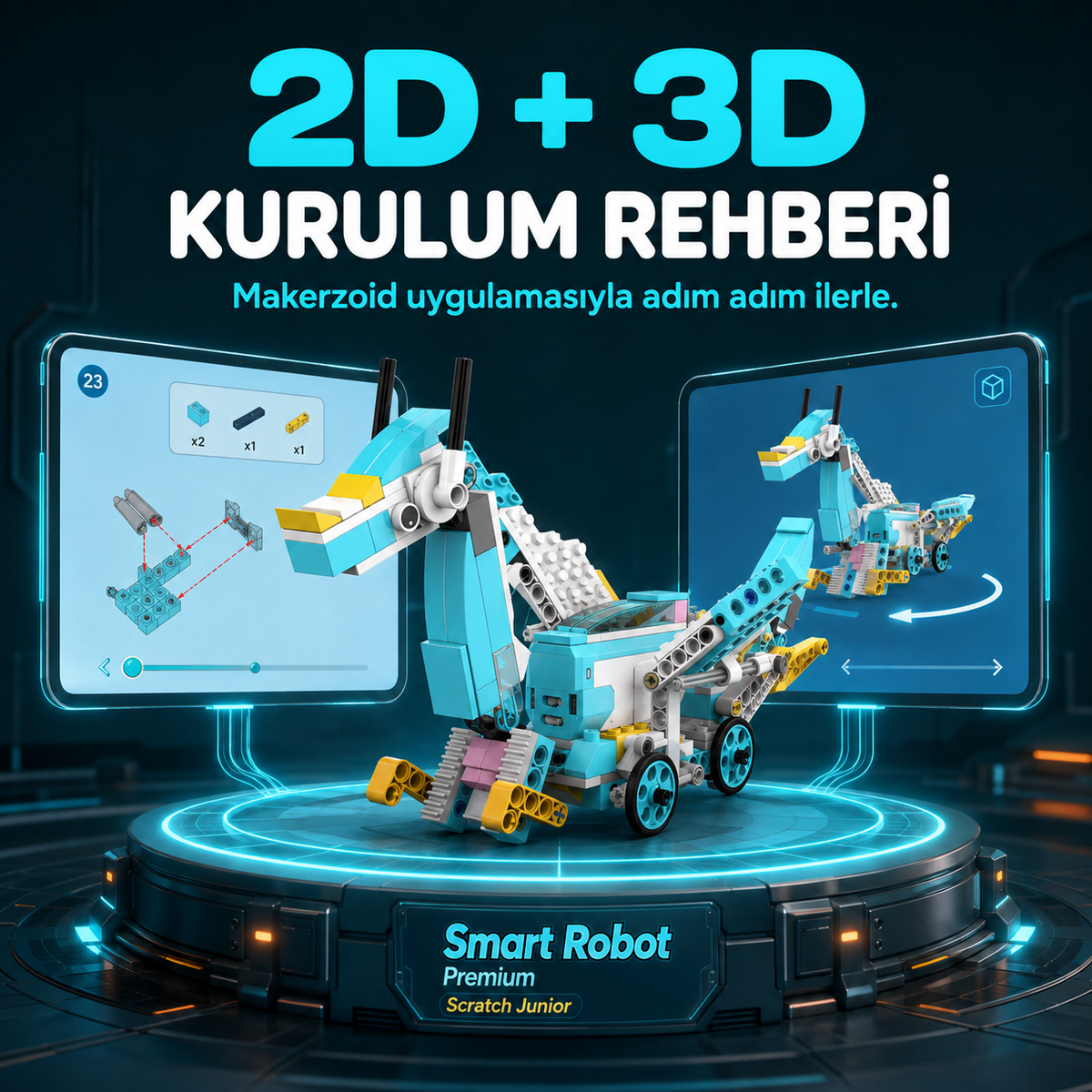 Makerzoid Smart Robot Premium uygulamasında 2D ve 3D adım adım robot kurulum rehberi