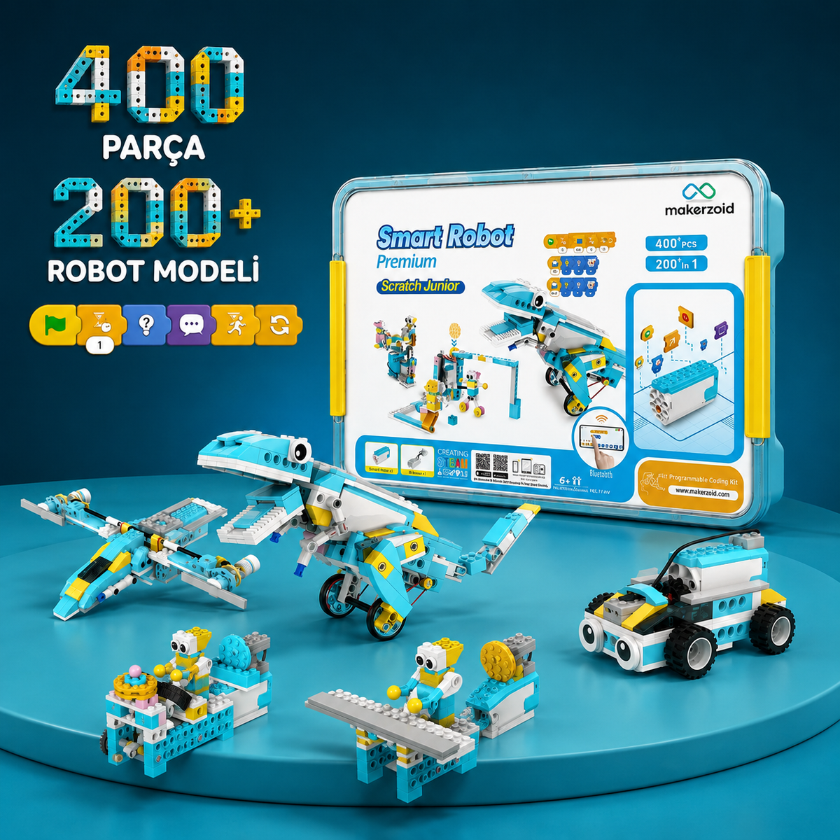 Makerzoid Smart Robot Premium 400 parçalı ve 200'den fazla robot modeli yapılabilen robotik kodlama seti