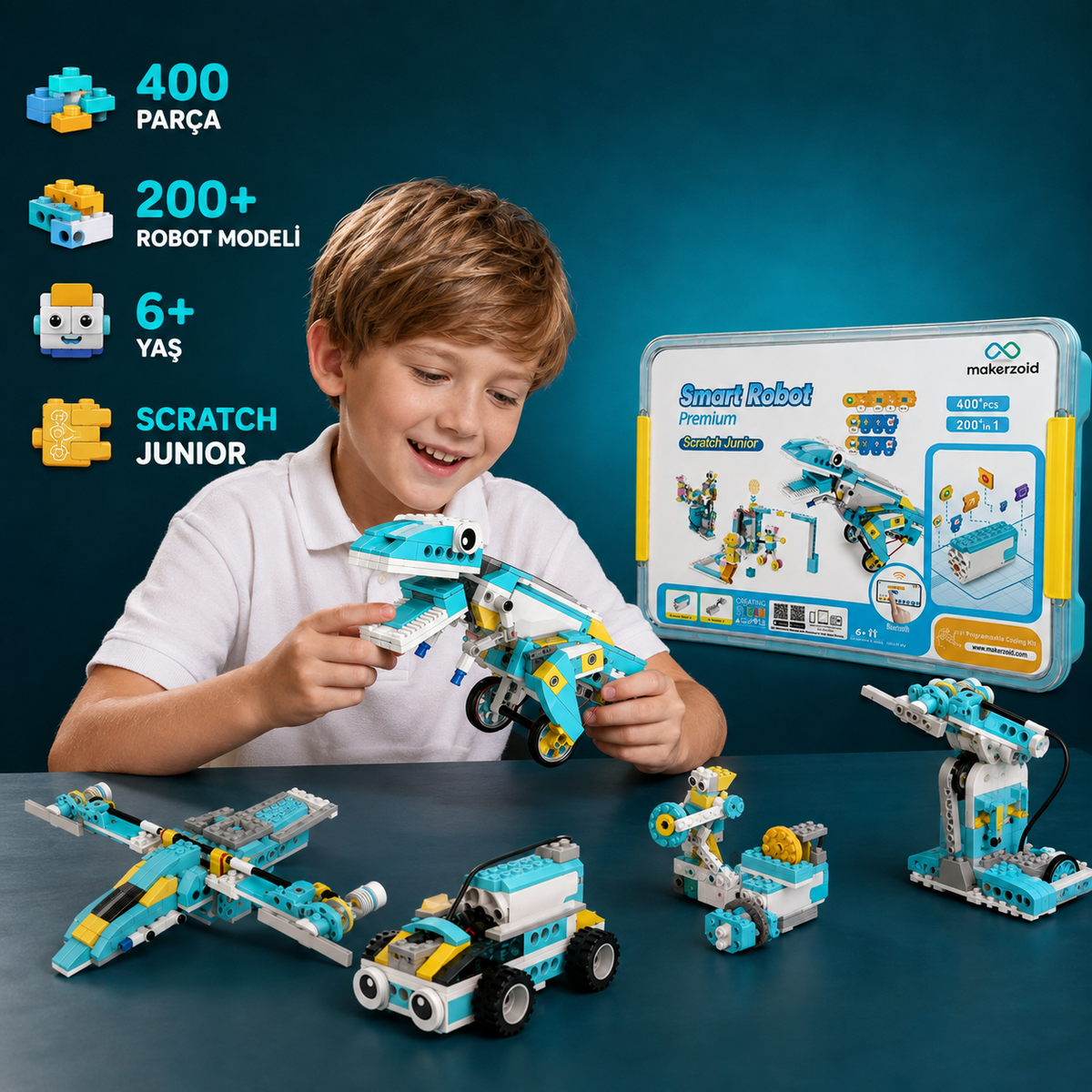 6 yaş ve üzeri çocuklar için Makerzoid Smart Robot Premium 400 parçalı Scratch Junior robotik kodlama seti